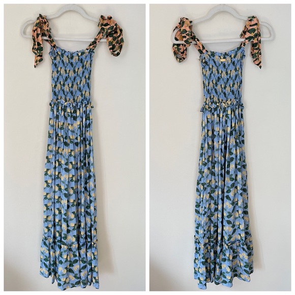 Palmacea Floral Smocked Bow Shoulder Maxi Dress Acacia Blue Yellow - Picture 2 of 9